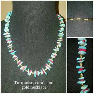 Turquoise, red coral, gold necklace